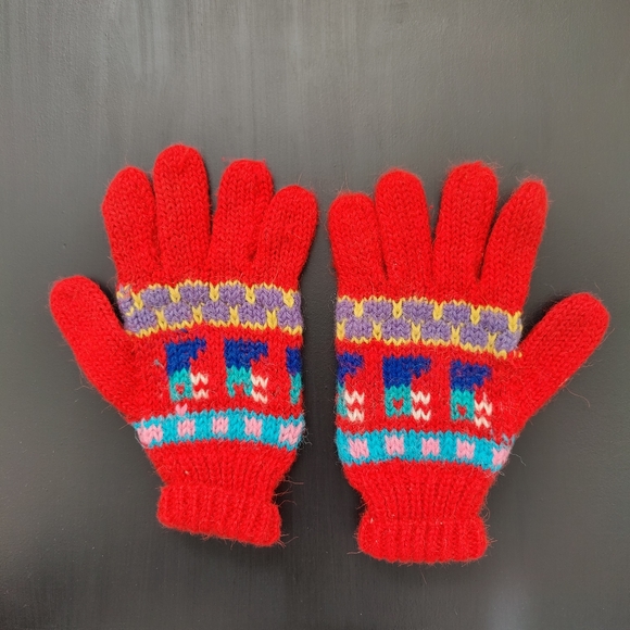 90s Handmade knitted Boho red gloves - Picture 1 of 3